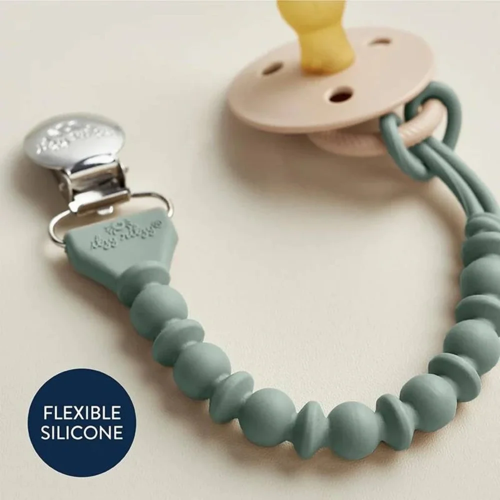 Itzy Ritzy silicone pacifier clip in a sage green color